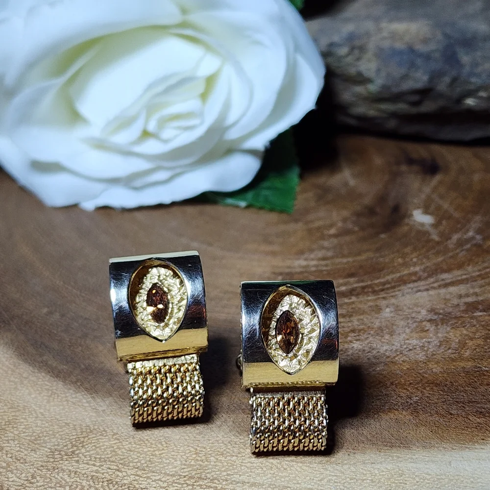Vintage RARE Gold Tone Mesh Wrap Cufflinks Faux Topaz Citrine Colored Gemstones